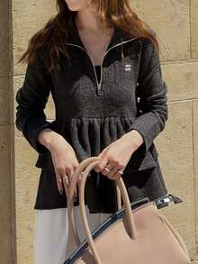 FRIFUL Women's Fashion Zipper Half-Placket Ruffle Hem Sweatshirt Fall - Grey - View 5