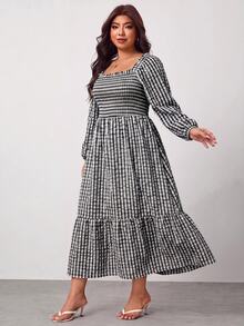 Enliva Plus Size Women's Vacation Loose Plaid Dress - Black and White - View 6