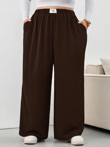 SHEIN CURVE+ 大尺碼格紋長褲，黑白格紋彈性腰帶口袋寬腿褲，2026秋冬 22W - 咖啡棕 - 查看 3