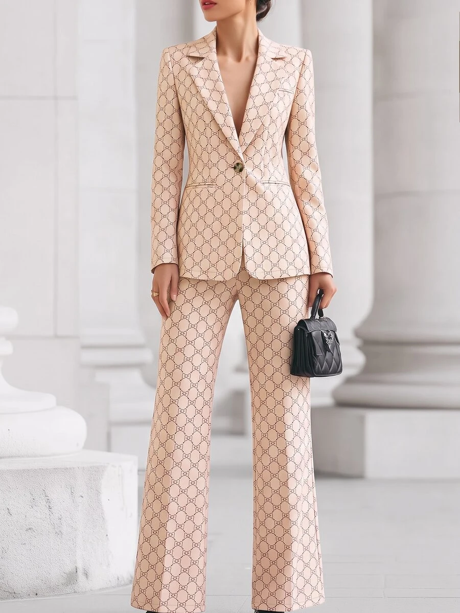SHEIN Women's Geometric Pattern Long Sleeve Blazer And Pants Elegant Suit - Multicolor - View 1