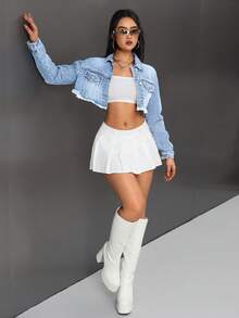 Jeanoix Plus Size Women's Cropped Fashion Casual Washed Distressed Denim Jacket - Light Wash - View 4