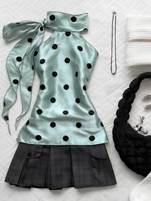 CovetEZ Women's Sweet French Polka Dot Print Halter Neck Tie Top - Mint Blue - View 4