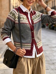 SHEIN Women's Fashion Jacquard Button Contrast Color Cardigan - Multicolor - View 3
