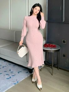 DAZY Autumn/Winter Round Neck Fitted Long Sleeve Elegant Elegant Commute Date Pink Women Sweater Dress - Pink - View 7