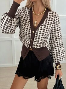 DAZY Women's Houndstooth Long Sleeve Single-Breasted Knit Cardigan Fall - Brown - View 1