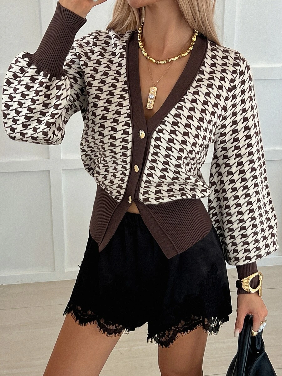 DAZY Women's Houndstooth Long Sleeve Single-Breasted Knit Cardigan Fall - Brown - View 1