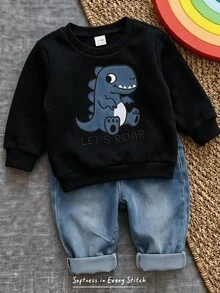 Cozy Pixies 男嬰恐龍拼接刺繡衛衣與牛仔褲2件套，黑色圓領恐龍拼接刺繡衛衣與牛仔長褲，親膚柔軟面料，可愛休閒風格嬰兒套裝，適合春秋日常穿著與居家穿著，小眾設計嬰兒套裝 - 彩色 - 查看 3