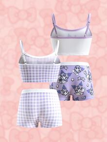 HELLO KITTY AND FRIENDS | SHEIN مجموعة ملابس داخلية للبنات المراهقات 4 قطع، كاميسول وسروال بوكسر، باللون البنفسجي - الأرجواني - مشاهدة 2