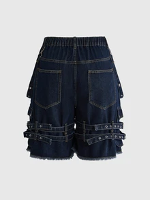 ROMWE Grunge Punk 大尺碼夏季時尚可調節肩帶裝飾牛仔短褲 - 藍色 - 查看 2