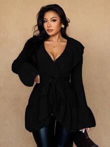 Rafferiza Women's Elegant Tie-Front Ruffle Trim Knit Cardigan - Black - View 6