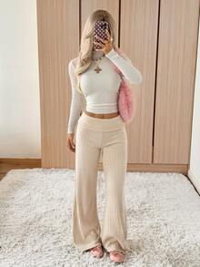 SHEIN EZwear 卡其色針織女款休閒長褲，折疊腰頭設計 - 卡其色 - 查看 4