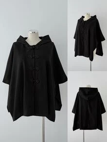 Sunspun Plus Size Women's Hooded Cape Coat With Frog Button Design, Wool Blend - Black - View 3