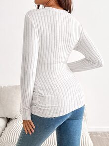 SHEIN 孕婦秋季休閒純色修身長袖T恤 - 白色 - 查看 5