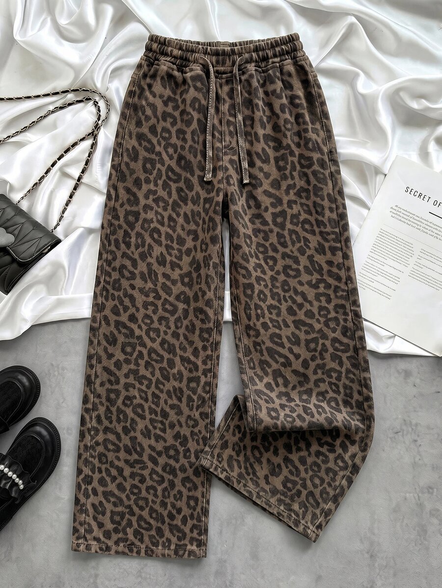SHEIN Tween Girl Girls' Leopard Print Loose Denim Long Pants - Khaki - View 1