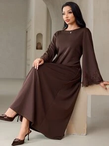 Veilorie Women's Elegant Commute Lace Patchwork Long Dress - Brown - View 5