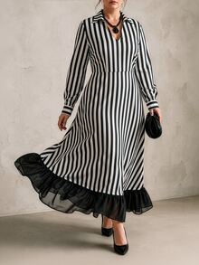 GlowEve CURVE Gaun Kasual Modis untuk Liburan, Gaya Prancis Vintage, Elegan, Cocok untuk Perjalanan, Motif Garis Hitam Putih, Jala, dan Patchwork, Cocok untuk Musim Gugur. - Hitam - View 9