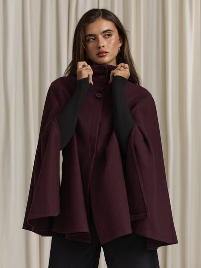 Aloruh Women's Elegant Business Commute Purple-Red Cape Overcoat, Old Money Style, Graceful Minimalist Jacket