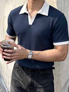 JOLTRO 男士撞色短袖休閒通勤 Polo 衫 - 藏蓝色 - 查看 1