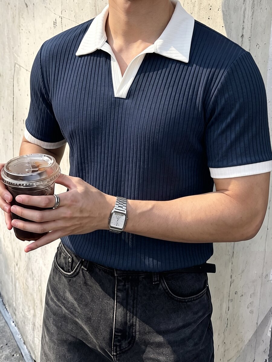 JOLTRO 男士撞色短袖休閒通勤 Polo 衫 - 藏蓝色 - 查看 1