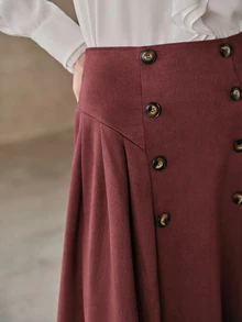 Anewsta تنورة نسائية أنيقة بتصميم أزرار أمامية واسعة من جلد الغزال - عنابي اللون - مشاهدة 2