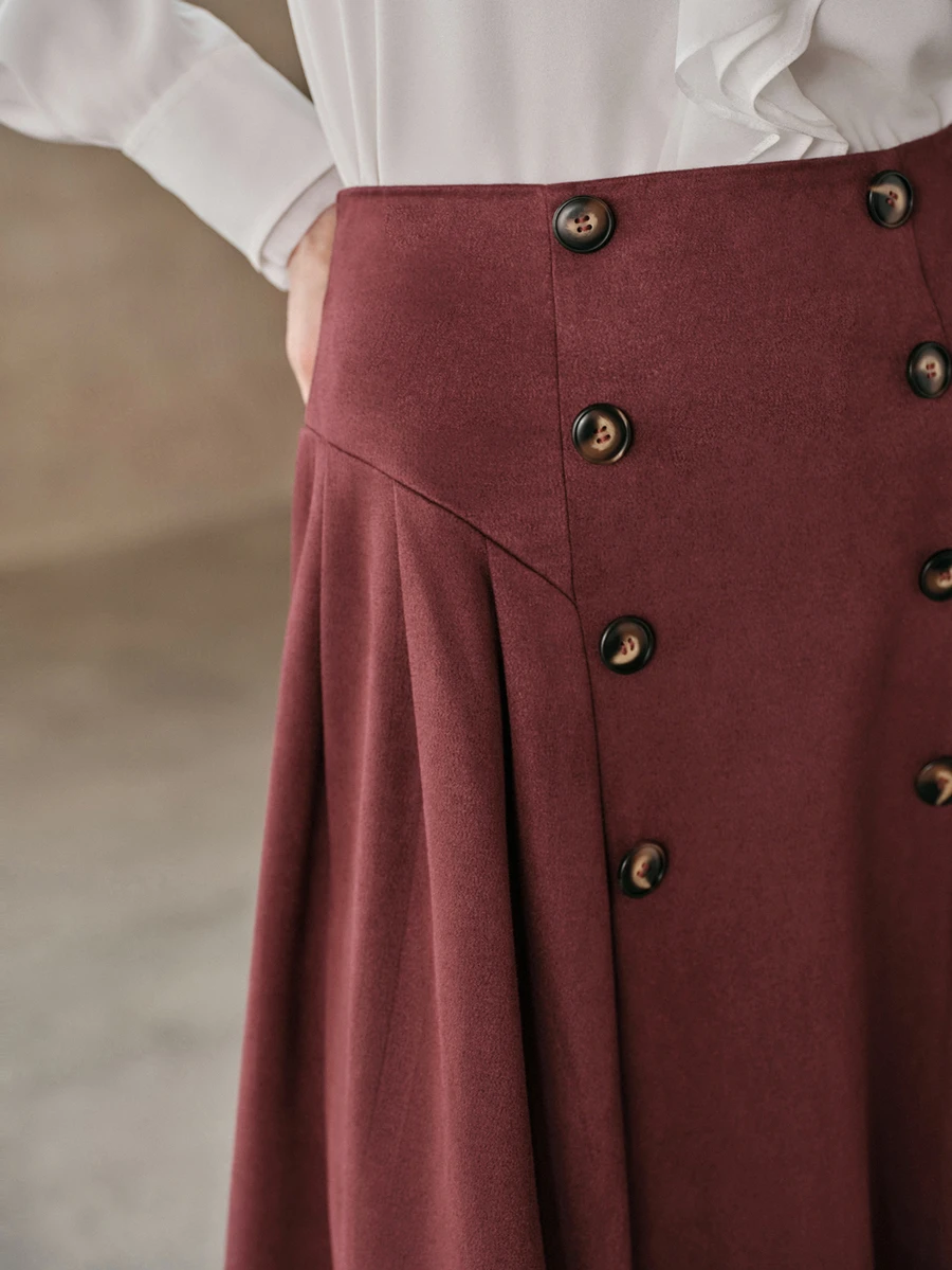 Anewsta Women's Elegant Elegant Button Front Design Flared Deer Suede Skirt - Burgundy - View 1