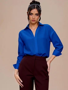 Olithes Plus Size Women's Solid Color Casual Daily Wear Bodysuit - Blue - View 3