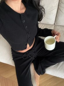 Autumina Women's Sexy Fashion 2 Pieces Set Cute Casual Versatile Cardigan Loose Fit Daily Commute Sweater Pants - Black - View 1