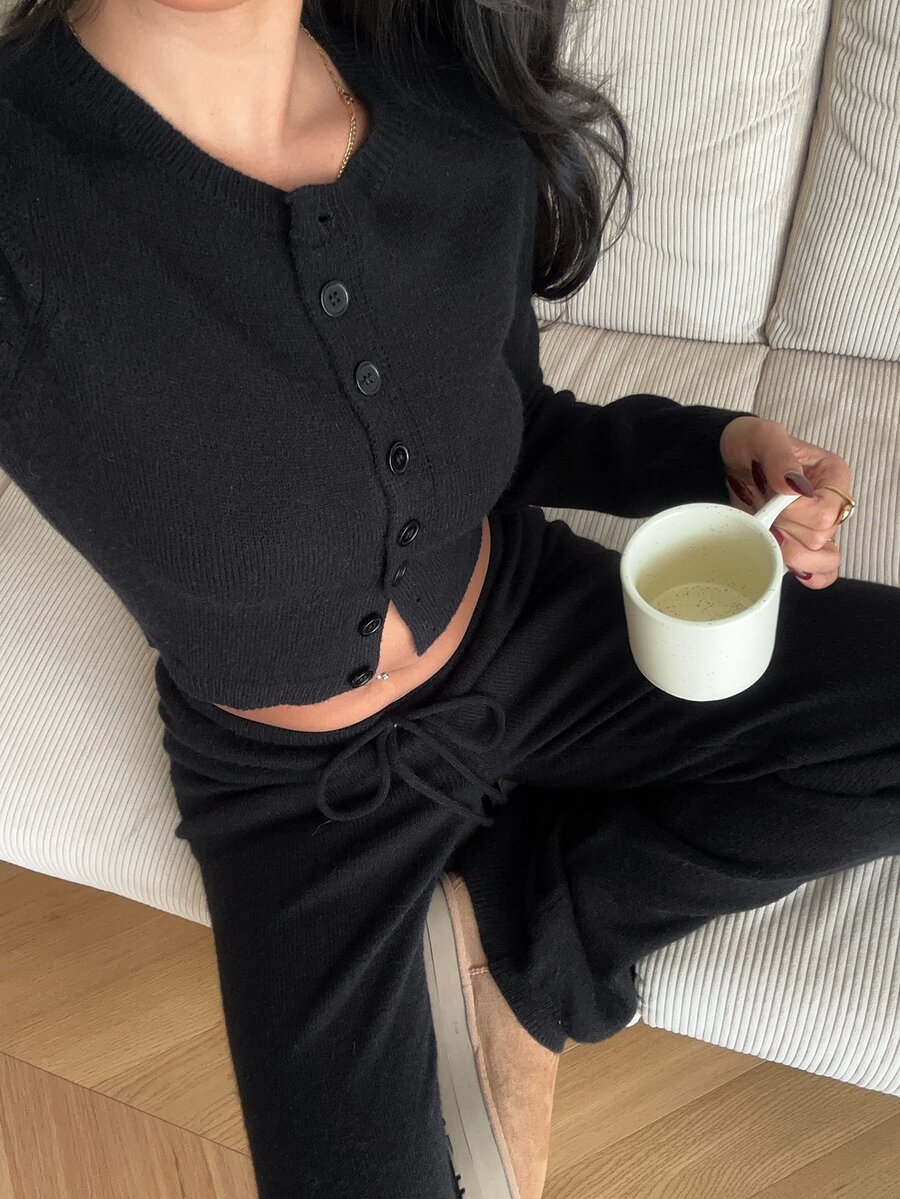 Autumina Women's Sexy Fashion 2 Pieces Set Cute Casual Versatile Cardigan Loose Fit Daily Commute Sweater Pants - Black - View 1