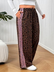 SHEIN EZwear Plus Size Leopard Print Color Block Striped Pants - Multicolor - View 1
