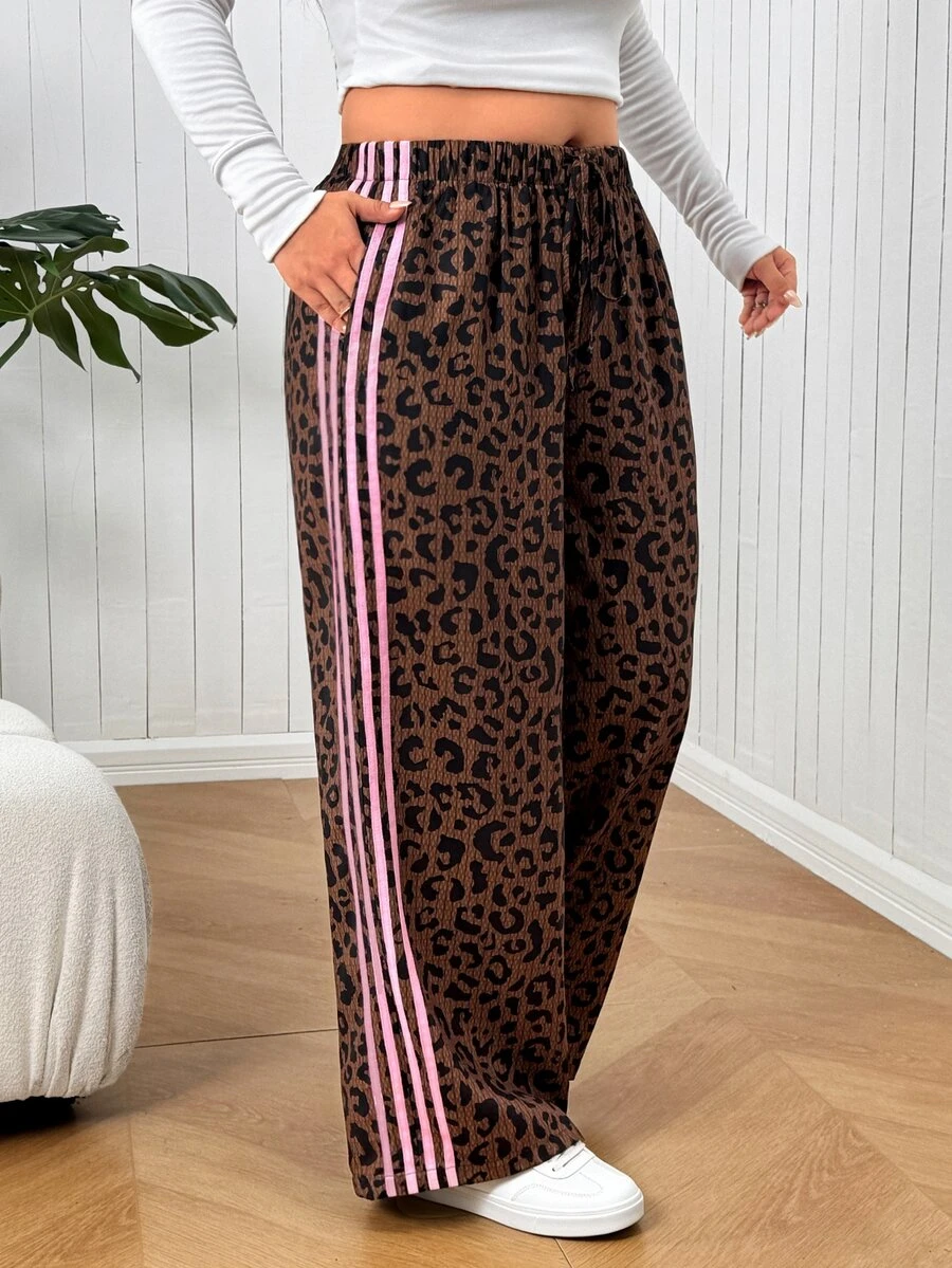 SHEIN EZwear Plus Size Leopard Print Color Block Striped Pants - Multicolor - View 1