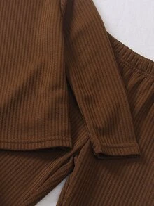 Elladie kids 3件組女孩秋冬新款羅紋高領長袖打底上衣、喇叭長褲、長毛絨蝴蝶結裝飾背心，優雅高貴休閒百搭時尚三件套，適合生日派對 - 棕色 - 查看 8