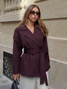 Firerie Women's Solid Color Waist Tie Casual Versatile Daily Long Sleeve Jacket - Red Violet - View 4