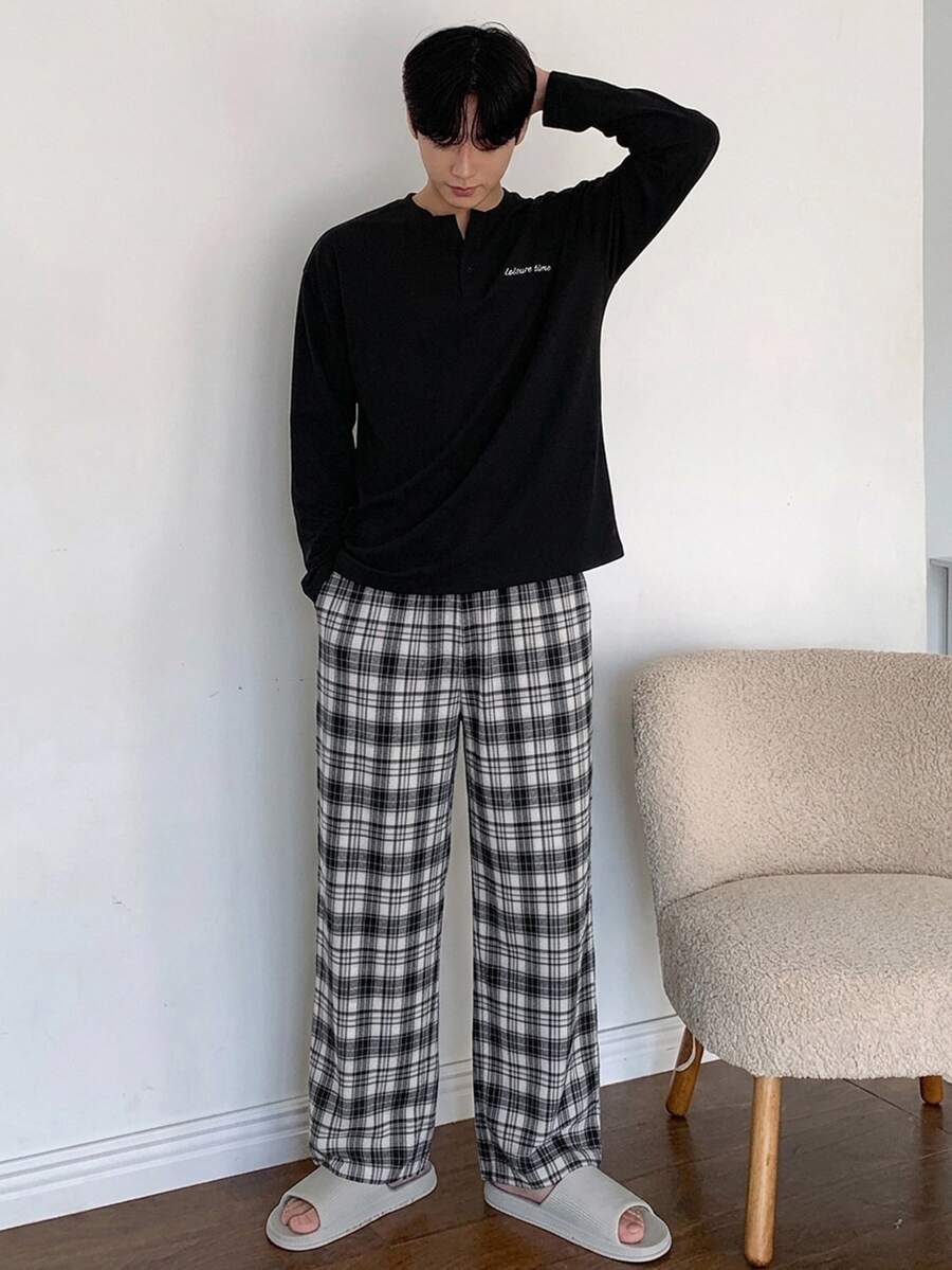 DAZY Summer Letter Print T-Shirt & Plaid Pants Men's Loungewear Set - Multicolor - View 1