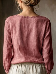 SHEIN 女款休閒優雅淺米色圓領蕾絲飾邊極簡通勤百搭日常襯衫 - 西瓜粉 - 查看 2