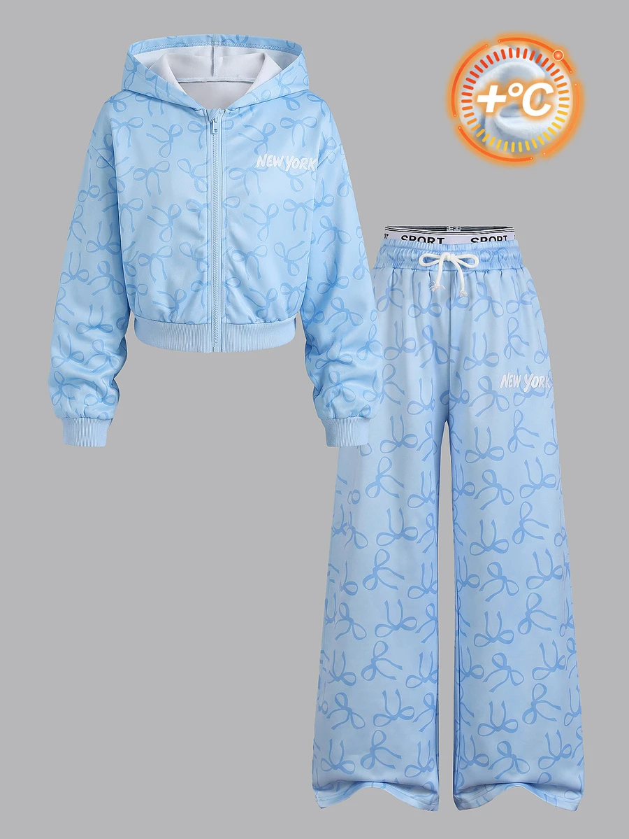 2Pcs Tween Girls Casual Hooded Zip-Up Crop Jacket And Elastic Waist Wide Leg Pants Set, Fall - Multicolor - View 1