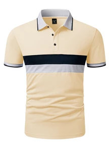 Manfinity Homme 橫條紋藍白灰拼色羅紋拉鍊休閒 Polo 短袖襯衫 - 彩色 - 查看 4
