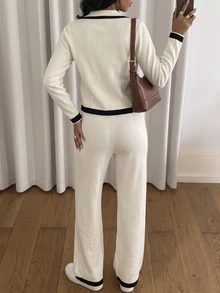 Modelyn Women's Cardigan & Wide Leg Pants 2 Pieces Set, Elegant Autumn/Winter Sweater White Casual - White - View 3
