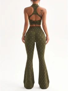 Dewbera Dewbera 1pc Women's Seamless Mock Neck Half Zip Racerback Cutout Casual Yoga Studio Training Long Flare Leggings Sports Set - Army Green - View 2