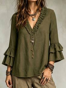 Glimmora Women's Solid Color Frill Trim V-Neck Flare Sleeve Casual Blouse - Army Green - View 4