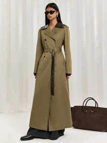 LYSMO Women's PU Plaid Collar Long Coat, Autumn/Winter Commute - Army Green - View 8