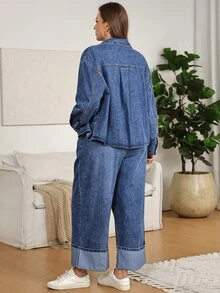 Elaquor Plus Size Top & Jeans Two Pieces Set,Button-Down Shirt And Cuffed Wide-Leg Jeans,Denim Shirt And Jeans Set,Halloween,Christmas,Party ,Elegant,Boho - Blue - View 2