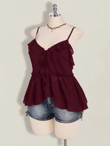 SHEIN ICON Women's Plus Size Ruffle Chiffon Solid Color Front Tie Strap Tank Top - Maroon - View 8