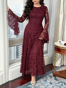 Feyla Women's Round Neck Flare Sleeve Elegant Lace Dress - Red - View 1