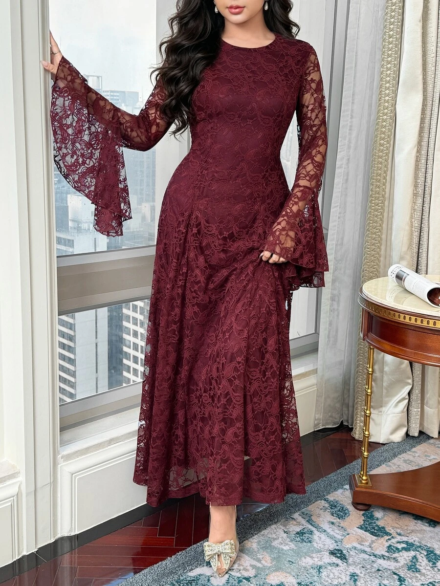 Feyla Women's Round Neck Flare Sleeve Elegant Lace Dress - Red - View 1