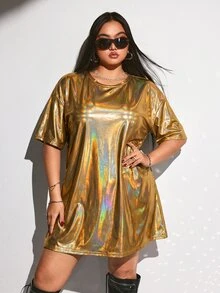 SHEIN ICON 大尺碼音樂節雷射印花 T-shirt 連身裙，寬鬆音樂節派對 T-shirt 連身裙 - 金色 - 查看 1