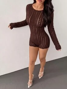 SHEIN PETITE 女款性感純色鏤空露背針織連身褲 秋冬款 - 巧克力棕 - 查看 11