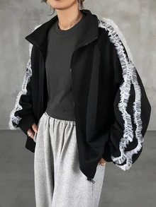 FRIFUL Women's Autumn Contrast Color Frill Trim Regular Jacket - Black - View 3