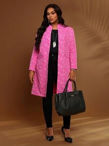 BrightlyHer Plus Size Hot Pink Textured Button Front Jacquard Stand Collar Long Sleeve Jacket Fall Winter 2026 - Hot Pink - View 5
