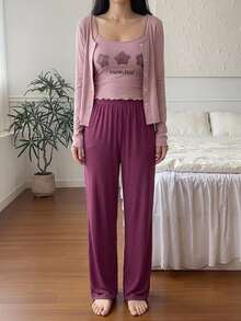 DAZY 3pcs Women's Pajama Set: Star Pattern Camisole Top, Short Cardigan, Long Sleeve Jacket, Straight Long Pants - Purple - View 5
