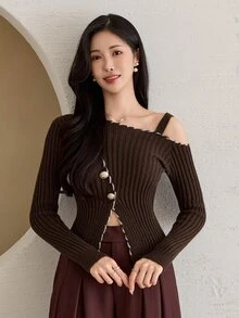 DAZY Women's Asymmetric Collar Long Sleeve Button Design Sweater - Brown - View 6